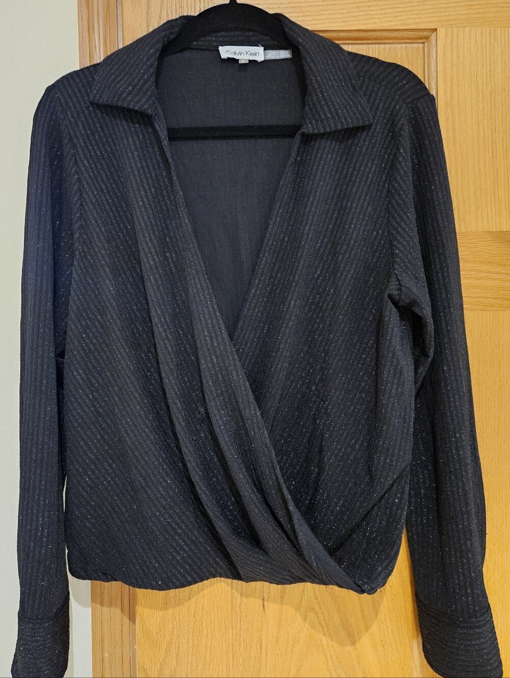 Calvin Klein Metallic Shimmer Ribbed Wrap Front Long Sleeve Top / Blouse